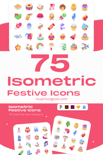 75 Isometric Festive Icons Set